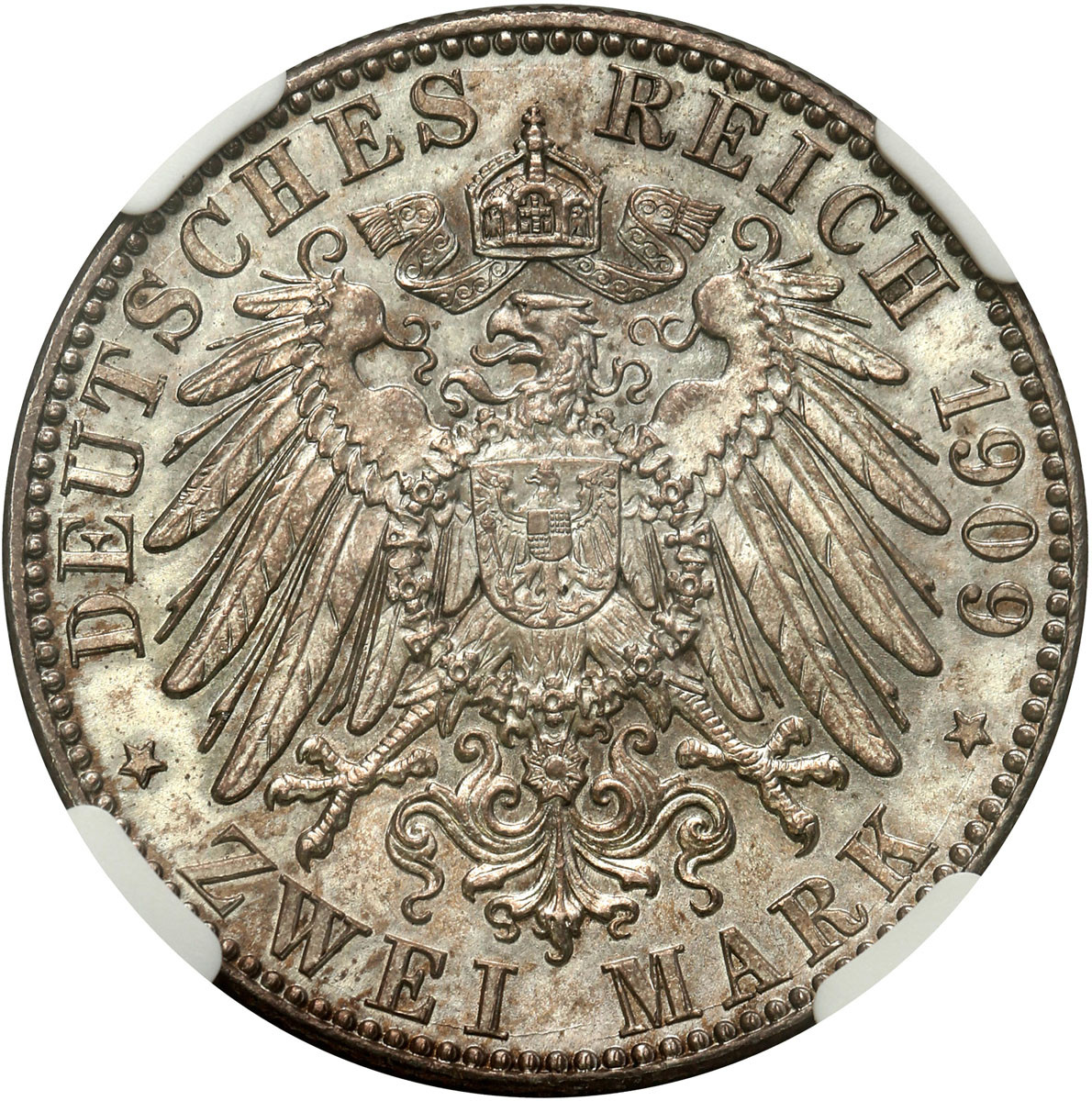 Niemcy, Saksonia 2 marki 1909 NGC MS65 - PIĘKNE
